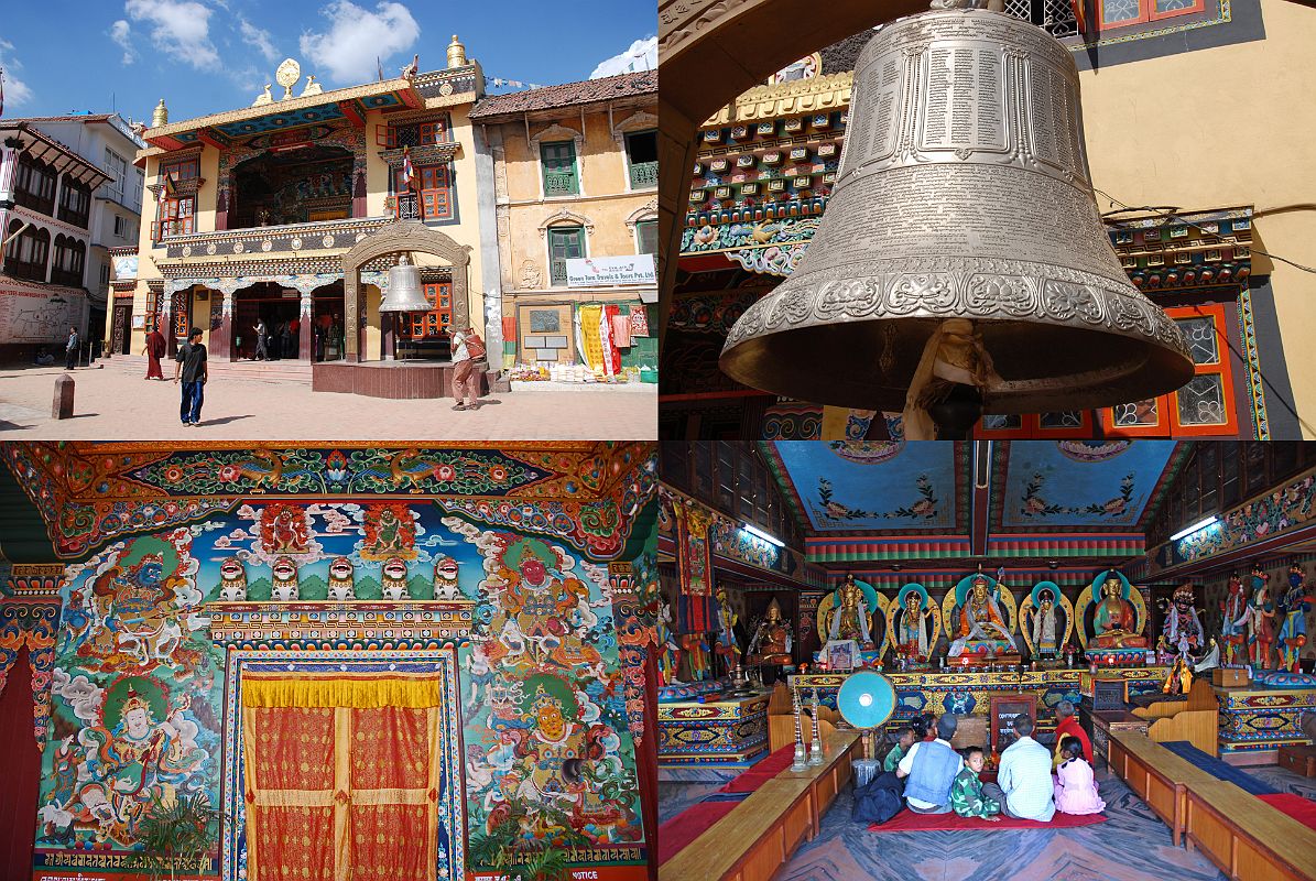 Kathmandu Boudhanath 11 Tamang Gompa and Guru Lhakhang North Of Boudhanath Stupa Tamang Gompa and Guru Lhakhang is the fairly new gompa to the north of the Boudhanath stupa near Kathmandu. The entrance door flanked by the Four guardian Kings is on the top floor. A few pilgrims sit on the floor in front of statues of Padmasambhava (Guru Rinpoche) in the middle with Avalokiteshvara on the far left and Buddha on the far right.